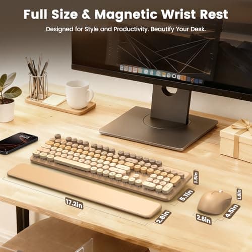 Wireless Keyboard and Mouse Combo, Full-Size Retro Typewriter Keyboard with Round Keycaps, Magnetic Wrist Rest & Tilt Legs, 2.4GHz Cordless for Mac/Windows PC/Laptop, SABLUTE CK23, Latte Gradient — view 7