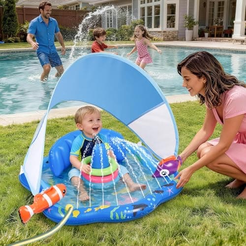 Baby Pool Float with Sprinkler, Inflatable Baby Splash Pad with Stackable Rings Game, Baby Splash Mat with Canopy & Backrest for Toddlers Garden, Beach, Backyard and Bathroom (Blue) — view 5