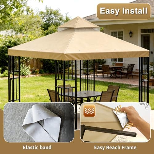 Gazebo 10'x10'Ft Canopy Replacement Top Cover,Waterproof UV50+ Patio Sun Shade Canvas with Two Tier Ventilated and Windproof Straps for Outdoor Backyard Garden(Only Top Cover，Khaki) — view 2