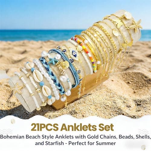 17KM 21PCS Gold Ankle Bracelets for Women, Boho Shell Bead Cuban Link Chain Waterproof Gold Anklets Set, Adjustable Layered Anklets for Women Beach Jewelry Gift — view 5