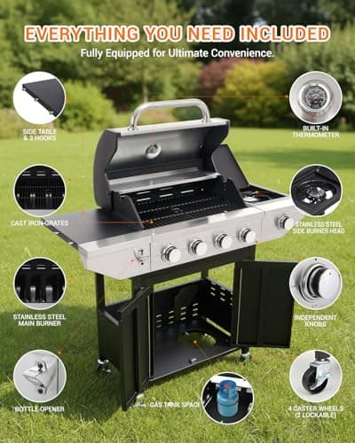 EUHOME 4-Burner Propane Gas BBQ Grill with Side Burner, 46,500 BTU Output Stainless Steel Barbecue Grill with Enameled Cast Iron Grates and Side Tables for Outdoor Cooking Kitchen and Patio Backyard — view 5