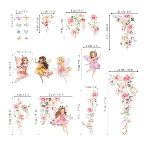 wondever Watercolor Flower Fairy Wall Stickers Pink Floral Girls Butterfly Peel and Stick Wall Art Decals for Baby Nursery Kids Room Girls Bedroom — view 3