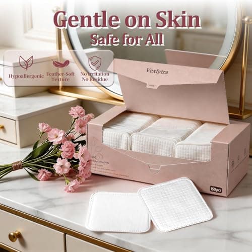 Vexlytra Large Cotton Pads for Face(150 count), Soft & Lint-Free Cotton Squares with Pressed Seam Design, Durable Cotton Rounds for Facial Cleansing and Makeup Removal, Gentle on Sensitive Skin & Eyes — view 5