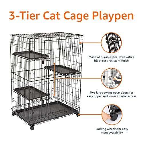 Amazon Basics Large 3-Tier Cat Cage Playpen Box Crate Kennel - 91cm x 57cm x 128cm Inches, Black — view 2