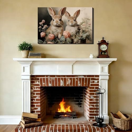 Vintage Festive Easter Bunny Canvas Wall Art 8x12, Framed Cozy Spring Prints Pictures, Easter Rabbit Canvas Artwork for Bedroom, Living Room, Office, Rustic Farmhouse Home Wall Decor