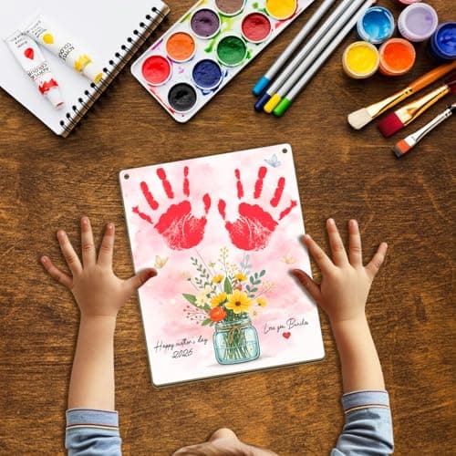 DIY Mother's Day Flower Bouquet with Kids Handprint Hanging Sign, Baby's First Mothers Day Handprint Floral Wood Art Craft, Gifts for Mom Grandma from Daughter Son for Mother's Day, Love You Bunches — view 2