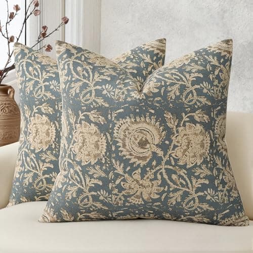 Vintage Floral Print Throw Pillow Covers 18x18 Set of 2 Neutral Modern Farmhouse Pillowcases Accent Decorative Cushion Covers Boho Home Decor for Couch Sofa Chair Bed Living Room, Dusty Blue