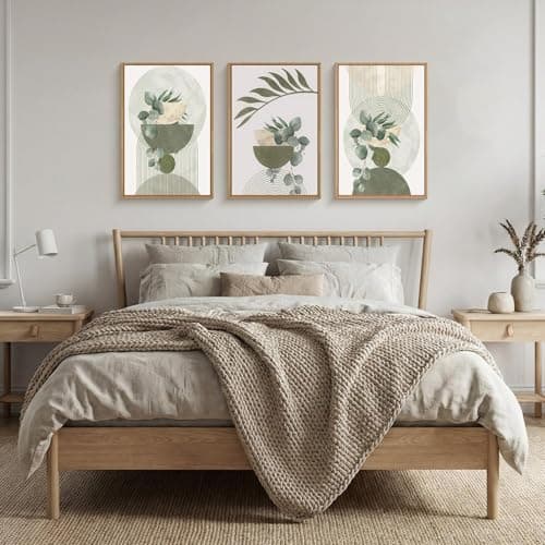 Ausril Sage Green Plant Canvas Wall Art Set 3, Abstract Geometric Line Botanical Framed Prints, Beige Minimalist Boho Leaf Paintings,16x24In Mid Century Modern Artwork for Living Room,Bedroom,Office — view 2