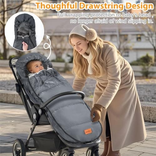 Zooawa Warm Bunting Bag Universal, Waterproof Baby Stroller Sleeping Bag for Cold Weather, Stroller Toddler Footmuff, Extra Thick, Fits 6-36 Months Baby, Gray — view 3