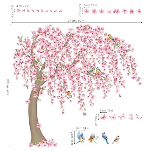 decalmile Large Cherry Blossom Tree Wall Stickers Pink Flower Branch Birds Wall Decals Girls Bedroom Living Room Sofa TV Background Home Decor — view 4