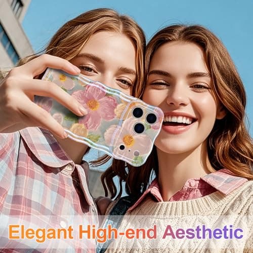 EYZUTAK Case for iPhone 17 Pro Max, Colorful Retro Oil Painting Printed Flower Laser Glossy Pattern Cute Curly Wave Edge Exquisite Phone Cover Stylish Durable TPU Protective Case for Girl Women-Green — view 6