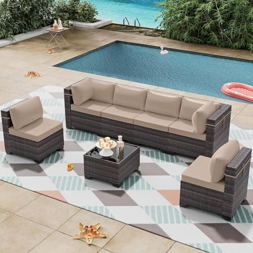 RTDTD 7 Pieces Outdoor Patio Furniture Set,Outdoor Sectional Furniture All Weather PE Rattan Wicker Patio Conversation Set with Coffee Table and 6 Thickened Cushions,Brown