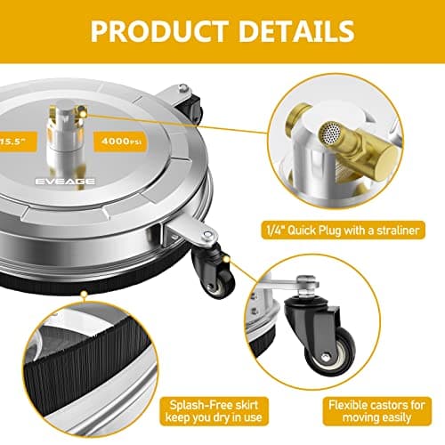 EVEAGE 15.5" Pressure Washer Surface Cleaner, Power Washer Surface Cleaner with 4 Wheels, Stainless Steel Housing Power Washer Accessories with 2 Extension Wand, 2 Replacement Nozzles, 4000 PSI — view 2