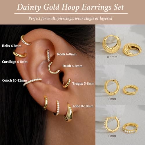 Poxtex Small 14K Gold Plated Huggie Hoop Earrings Set for Women, Hypoallergenic Trendy Hoops Stacks for Multiple Piercings, Dainty Cute Mini Lightweight Cartilage Helix Jewelry Gift Sensitive Ears — view 2