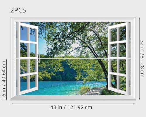 FLFK Fake Window Wall Mural - Lakes in The Jungle Faux Window Wall Sticker for Wall Decor, Stick and Peel Wall Decals,48"x32",Set of 2 Sheets