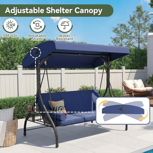 Aoxun Outdoor Porch Swing with Stand and Canopy, 3 Seats Outdoor Swings for Adults, Convertible 2 in 1 Swing Bed with Cup Holder, Patio Swings with Thicken Cushions for Garden, Yard & Balcony, Blue — view 2
