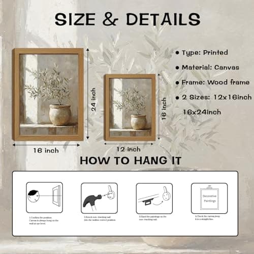 Vintage Olive Tree Canvas Wall Art, French Country Oil Style Prints Wall Decor, Farmhouse Plant Pictures for Living Room Bathroom Bedroom Home Decor Gifts 16x12inch Wood Framed — view 2