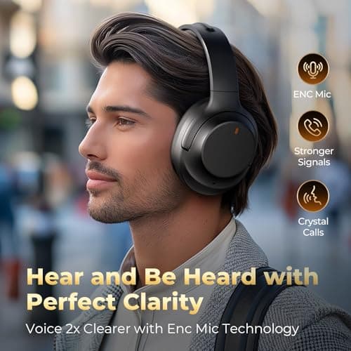 Active Noise Cancelling Headphones, Upgraded Wireless Bluetooth Headphones Over Ear with ENC Mic, HiFi Stereo Deep Bass, Noise Canceling Headphones Lightweight, BT 5.4, for Travel/Office/Home, Black — view 4