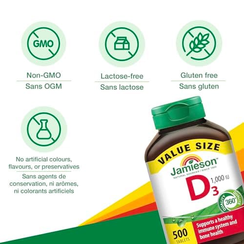 Jamieson Vitamin D3 1,000 IU Tablets, Supports Immune Health, Strong Bones, and Teeth, Enhances Calcium and Phosphorus Absorption. Vegetarian, Non-GMO, Gluten-Free, One Per Day, 500 Count, Proudly Canadian — view 3