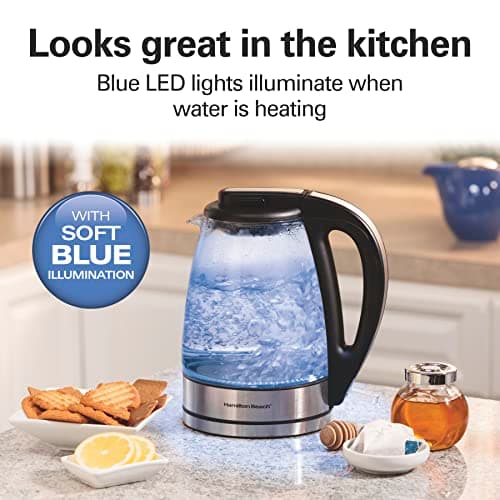 Hamilton Beach Glass Electric Kettle, 1 L, 1500W Fast Boiling Water Boiler, Cordless, Soft Blue LED Light, Auto Shutoff & Boil-Dry Protection, BPA-Free, Compact Size (40930JC) — view 4
