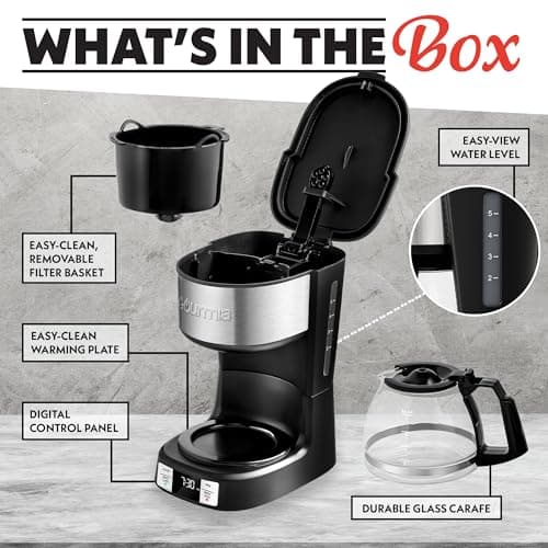 Gourmia Drip Coffee Maker – 5 Cup, One-Touch Brew, Pause & Serve, Adjustable 4 Hr Keep Warm, EZ-View Water Window, Black — view 6