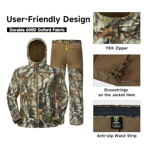 TIDEWE Hunting Clothes for Men with Fleece Lining, Safety Strap Compatible Hunting Jacket and Pants, Water Resistant Silent Hunting Suits for Climbing, Hiking, Camping (Next Camo, Size L) — view 4
