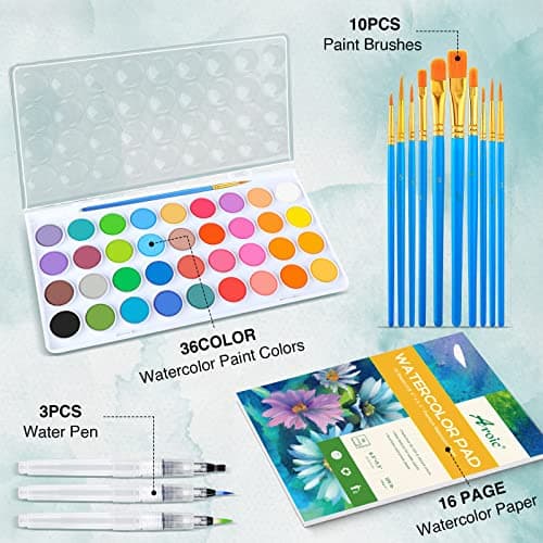 AROIC 65 Pieces Watercolor Paint Set,36 Colors Watercolor,10 Brushes,3 Refillable Water Brush Pens,16 Page Pad(8.5 * 5.5in),Profesional Watercolor Kit for Adults Artists, Beginners