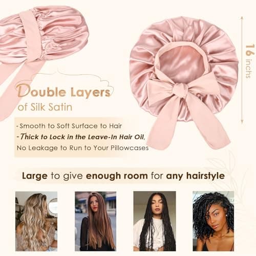YANIBEST Adjustable Satin Bonnet for Sleeping Women Double Layer Hair Wrap Reduce Friction Prevent Frizz Natural Curly Hair, Blush Pink — view 7