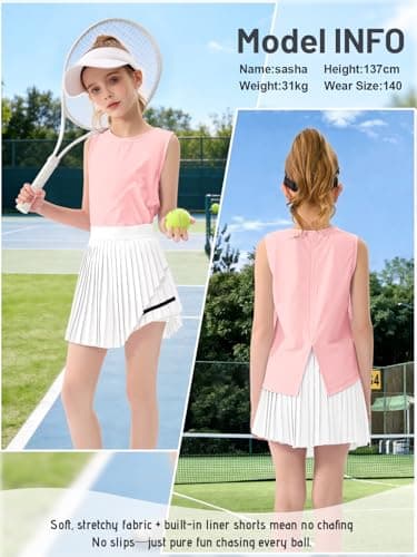 Rolanko Girls Tennis Skirt Set, UPF 50+ Tank Top & Pleated Skort with Built-in Shorts and Pocket Kids 2 Piece Outfit (PinkWhite, 5-6 Years) — view 2