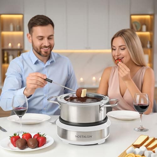 Nostalgia 8-Cup Electric Fondue Pot Set for Cheese & Chocolate - 8 Color-Coded Forks, Temperature Control - Kitchen Gadgets and Appliances for Hors d'Oeuvres and More - White — view 2