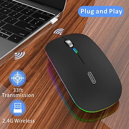 Uiosmuph LED Wireless Mouse, G12 Slim Rechargeable Silent Mouse, 2.4G Portable USB Optical Computer Mice with USB Receiver and Type C Adapter (Matte Black) — view 2
