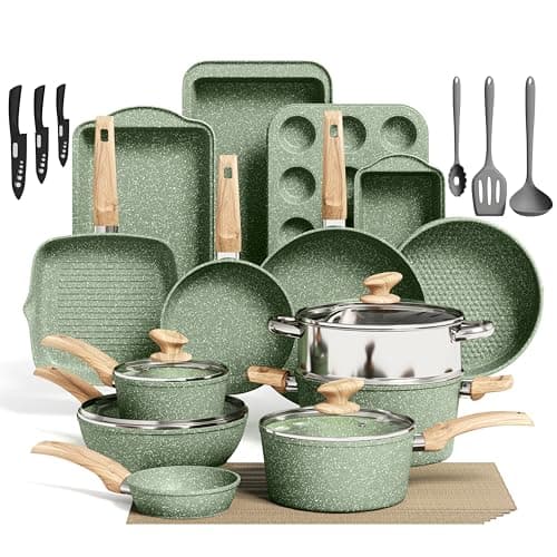 Kitchen Academy Pots and Pans Set Non Stick, 30 Pieces Induction Cookware and Bakeware, Green Granite Coating Cooking Sets