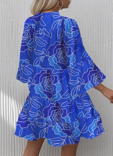 Opemiby Summer Dresses for Women 2026 Flowy Ruffle 3/4 Sleeve V Neck Tiered Casual Babydoll Boho Beach Mini Dress Bright Blue Floral L