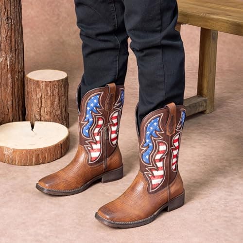 Jousen Cowboy Boots for Men Western Boot Side Zipper American Flag Retro Square Toe Mid-Calf Mens Boots(AMY8428 brown 09.5) — view 2