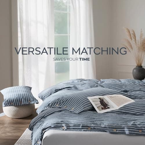 JELLYMONI Pinstriped 100% Washed Cotton Linen Like Duvet Cover Set, 3 Pieces Luxury Soft Bedding Set with Buttons Closure, Blue Stripes Pattern Printed Duvet Cover Twin Size(No Comforter) — view 5