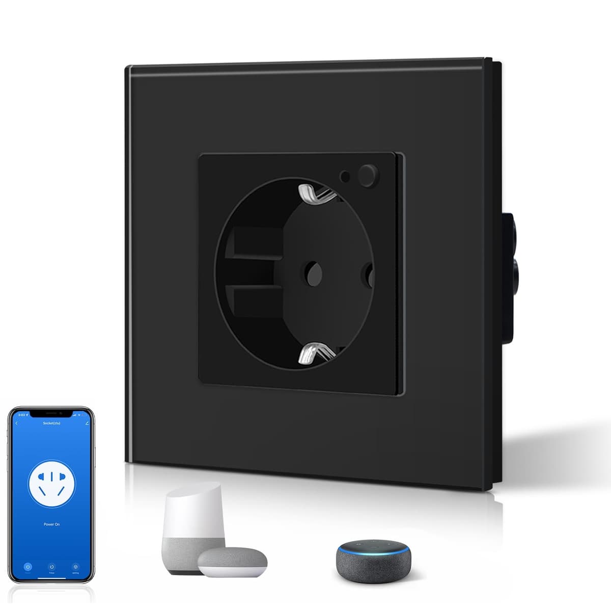 BSEED Enchufe Inteligente Con Cristal,WIFI Enchufes de pared,Control Remoto y de Voz y Función de Temporizador,Requiere Cable Neutro,1 Enchufe WiFi,86mm Negro