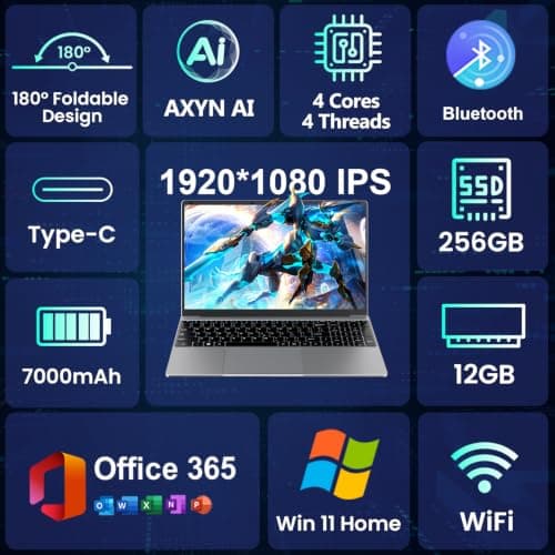 WAICID 15.6" IPS FHD Student Laptop with AI Assistant Included, 1 Year Office 365, J4105 Processor(Beat Celeron 5205U), 12GB RAM 256GB SSD, 180° Viewing, USB-C(Charging, Data, Display), 53.2Wh — view 3