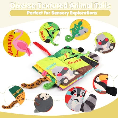 beiens Soft Toys Baby Cloth Books, Touch and Feel Crinkle Books for Babies, Infants & Toddler, Early Development Interactive Car Toys & Stroller Toys for Boys & Girls (Rainforest Tails-1 Book)