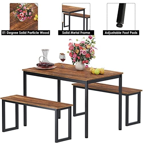 SDHYL Dining Table Set, Kitchen Table with 2 Benches, Space Saving Kitchen Dining Table Set for Living Room, Kitchen Room, Dining Room, Restaurant, Rustic Brown, 44.9 Inches — view 2
