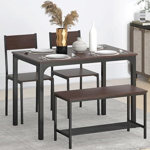 SDHYL Dining Table Set for 4 with Two Chairs and One Bench 4 Pieces Set Wooden Table Top with Metal Legs for Breakfast in Living Room, Kitchen Room, Dining Room,Space Saving Kitchen Table Set — view 5