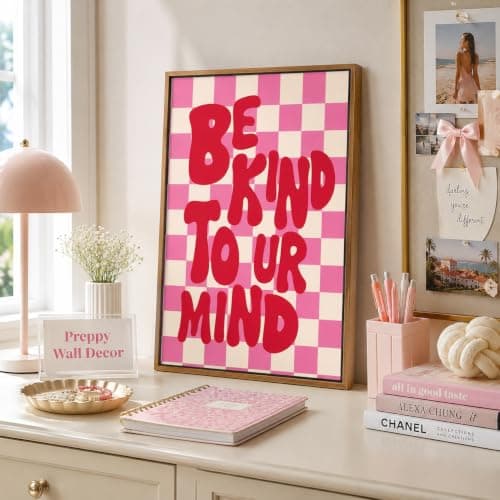 Framed“Be Kind to UR Mind”Canvas Wall Art,Pink Preppy Inspirational Painting Picture Wall Decor,Fashion Girly Poster Print Artwork,for Living Room Bedroom Girl Room Home Decoration