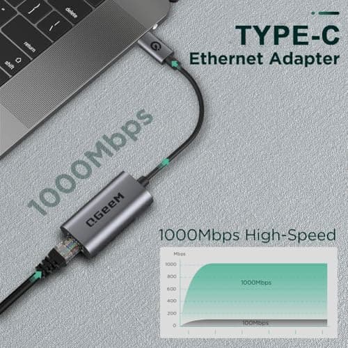 QGeeM USB C to Ethernet Adapter, 1000Mbps Gigabit RJ45 LAN Network Dongle, Thunderbolt 5/4/3 Compatible, Braided Nylon Aluminum Case for iPhone 17/16/15 Pro Max, MacBook Pro/Air M3/2, iPad, XPS - Gray — view 2