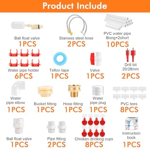 MEKOTRIN 46PCS Automatic Chicken Waterer System, DIY Poultry Pipe Water Feeder Set, Include 8 Water Cups, Coop Automatic Clean Waterer, Suitable for Chicken Duck Quail Pigeon — view 3