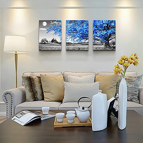 Wall Art for Living Room Black and White Blue Tree Moon Canvas Wall Decor for Home Artwork Painting 12" x 16" 3 Pieces Canvas Print for Bedroom Decor Modern Salon Kitchen Office Hang a Picture — view 3
