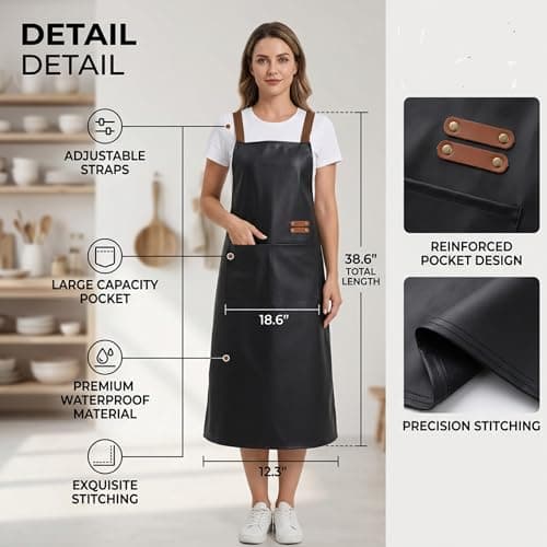 GEMBITYFUL Black Waterproof Apron Large Pocket PU Material Waterproof Oil-proof Dust-proof Apron Slim Apron Length 38.6 inch — view 2