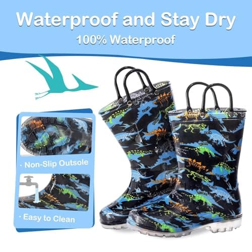 Toddler Kids Rain Boots Boys Girls Light Up Waterproof Boot with Handles, Big Kid Size 1, Dinosaur — view 3