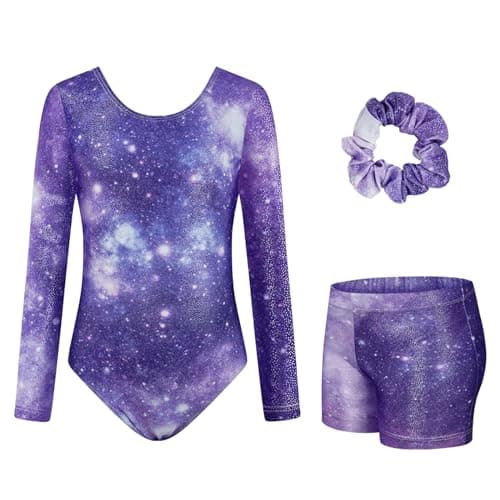 JiAmy Gymnastics Leotards for Girls with Shorts Set, Sparkle Long Sleeve Kids Gymnastics Outfit Athletic Leotard for 5-6 Years