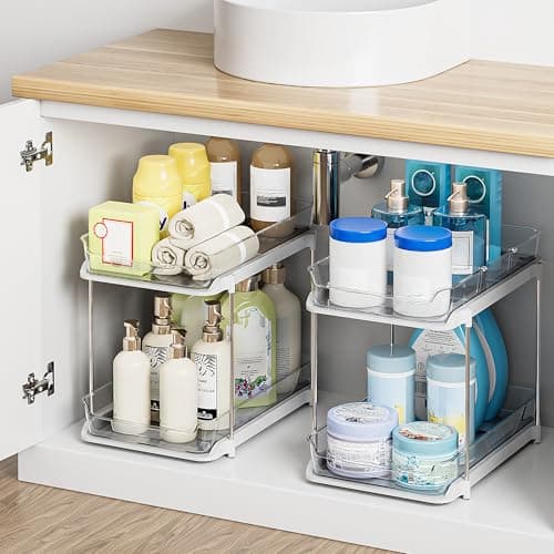 Delamu 2-Tier Multi-Purpose Bathroom Under Sink Organizers and Storage, Stackable Kitchen Pantry Organization, Pull Out Medicine Cabinet Organizer with Movable Dividers, White, 2 Pack — view 4