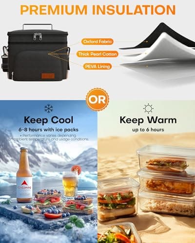 HOTOR Insulated Lunch Box for Men & Women - Leak-Proof Cooler Lunch Bag with 4 Pockets, Adjustable Strap, Ideal for Work, Picnic, Travel - Medium, Black, 10.2"×6.9"×8.5" — view 2