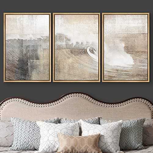 wall26 Framed Canvas Print Wall Art Set Gray & Tan Color Block Ocean Wave Overlay Nature Wilderness Digital Art Modern Art Rustic Scenic for Living Room, Bedroom, Office - 24"x36"x3 Natural — view 2
